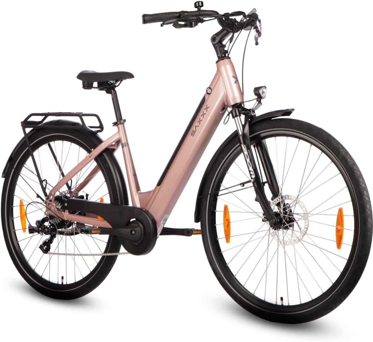 61-KjiW3OPL._AC_SL1200 SAXXX E Bike Damen 28 Zoll Tiefeinsteiger mit 36V 13Ah Akku, Elektro Fahrrad Erwachsene mit Scheibenbremse, 7 Gang Kettenschaltung Pedelec mit Federgabel, Gepäckträger für Damen/Frauen Herren/Männer