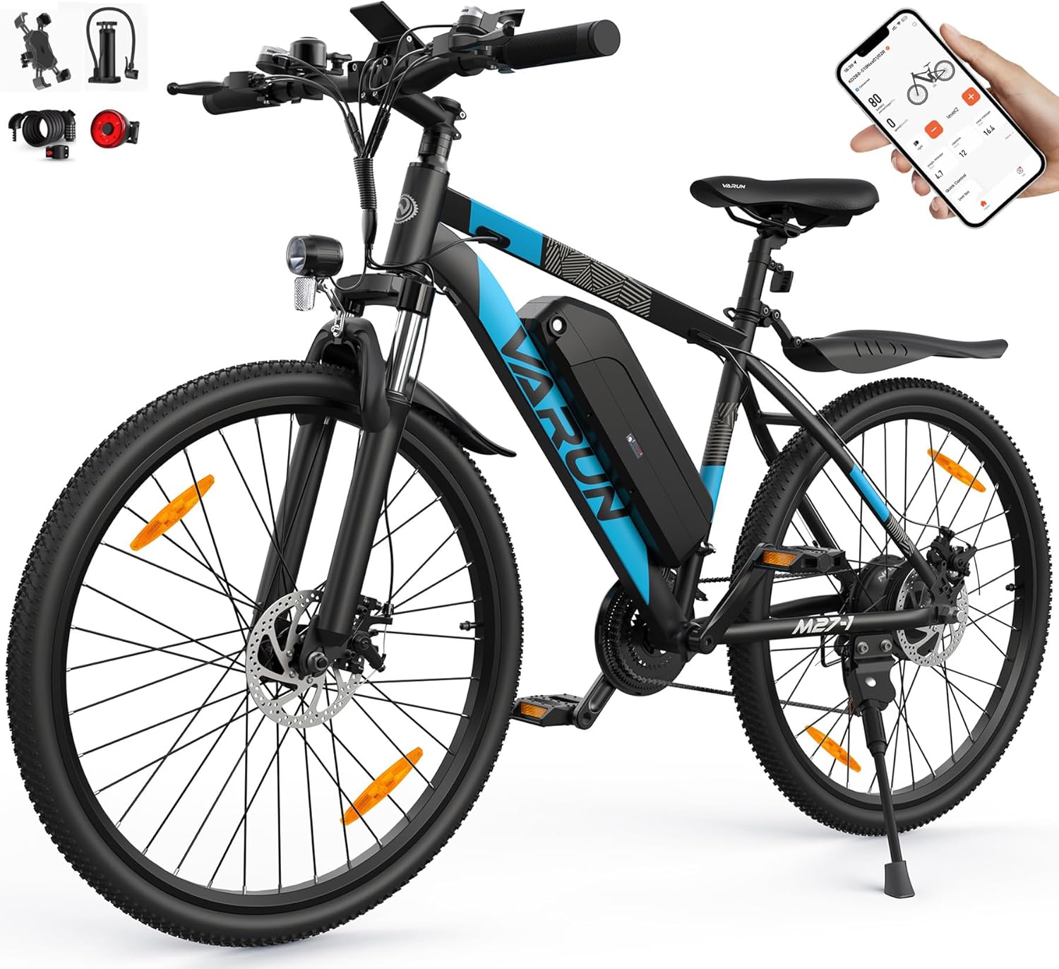 81au8whUCdL._AC_SL1500 VARUN E Bike, 27.5" Ebike Herren Damen mit APP, 48V 624 Wh Akku, Bis zu 100 KM, 250W Motor, 21-Gang E-Bike Mountainbike mit 4 Fahrmodi, Elektrofahrrad Herren Damen für Pendeln, Bergig, EU-Konformes